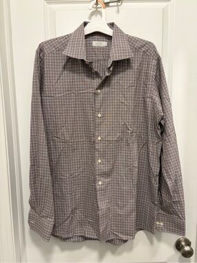 Eton Contemporary Dress Shirt Mens 44, 17.5 Plaid Brown White Blue L/xl EUC